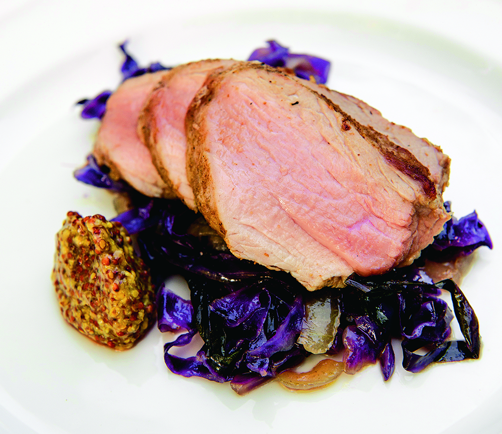 ALLSPICE-RUBBED PORK TENDERLOIN WITH BRAISED RED CABBAGE AND GRAIN MUSTARD